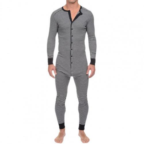 jiaabc Men Underwear Pajama Skinny Striped Jumpsuit Long Sleeve O Neck Buttons Romper Sleepwear Overall Wholesale Onesies- Pajama Set