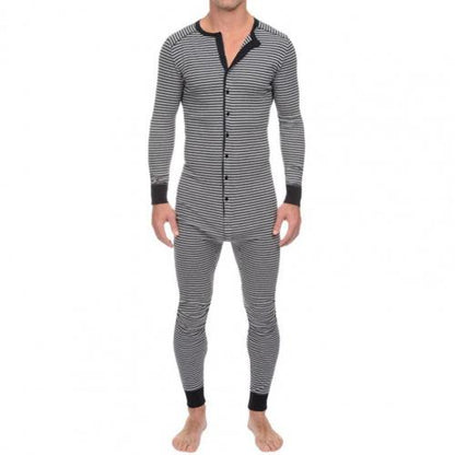 jiaabc Men Underwear Pajama Skinny Striped Jumpsuit Long Sleeve O Neck Buttons Romper Sleepwear Overall Wholesale Onesies- Pajama Set