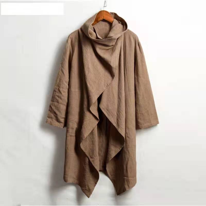 jiaabc Vintage Ponchos Men Irregular Cardigan Coats Long Sleeve Scarf Collar Trench Cotton Outwear Solid Cloak Jackets Men Streetwear