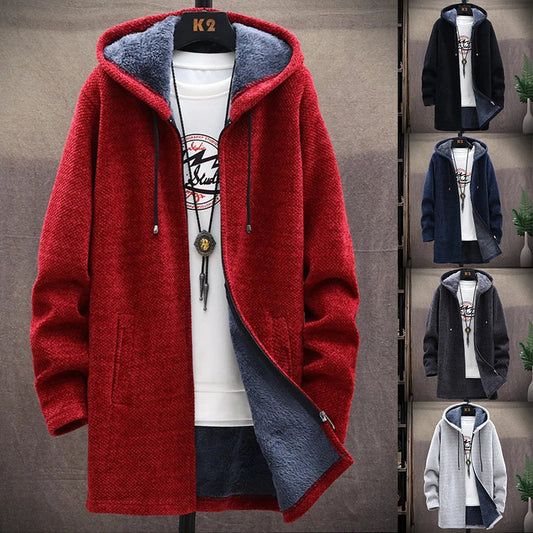 jiaabc Winter Casual Men's Sweater Coat Warm Korean Hooded For Man Fleece Jacket Thicker Fashion Knitted Mid-length Jacket