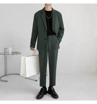 jiaabc Men's Suit Two Pieces Set Simple Light Mature Loose Long Sleeve Suit Coat + Suit Pants Green High Quality New 2023 9Y8066