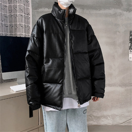 jiaabc Winter Men's PU Parka Korean Thick Solid Color Cotton-Padded Zipper Jackets Windproof Couple Casual Leather Parka Male