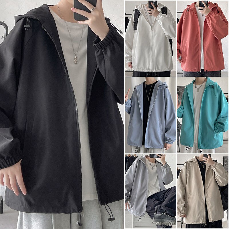 jiaabc  Spring Autumn Hoodied Men’s Jackets Oversized Casual Man Windbreajer Coats Solid Color Zipper Outwear Clothing