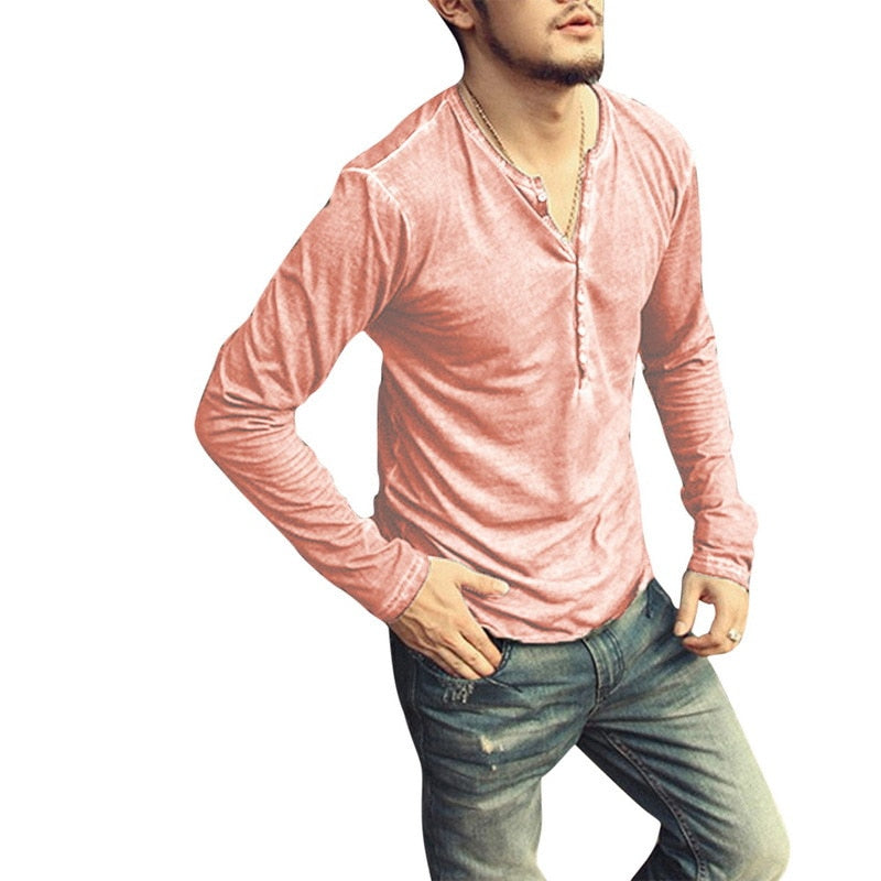 Men Tee Shirt V-neck Long Sleeve Tee&Tops Stylish Slim Buttons T-shirt Autumn Casual Solid Male Clothing Plus Size 3XL