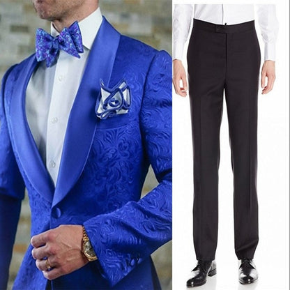 Groomsmen White Pattern Groom Tuxedos Shawl Satin Lapel Men Suits 2 Pieces Wedding Bridegroom ( Jacket + Pants + Tie  ) D201