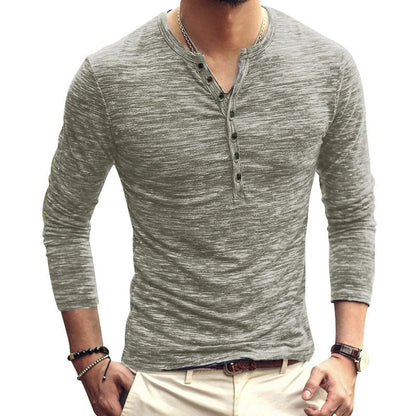 Men Tee Shirt V-neck Long Sleeve Tee&Tops Stylish Slim Buttons T-shirt Autumn Casual Solid Male Clothing Plus Size 3XL