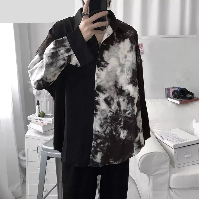 jiaabc Men Casual Shirt Spring Print Patchwork Lapel Long Sleeve Streetwear Tops Korean Loose Fashion Shirts Camisas 5XL