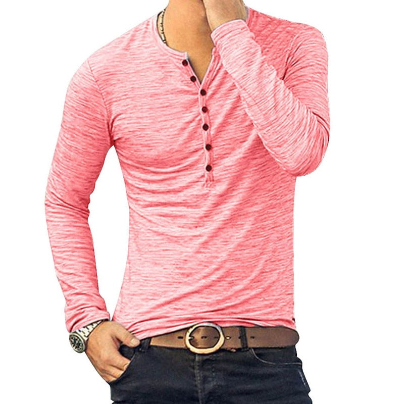 Men Tee Shirt V-neck Long Sleeve Tee&Tops Stylish Slim Buttons T-shirt Autumn Casual Solid Male Clothing Plus Size 3XL