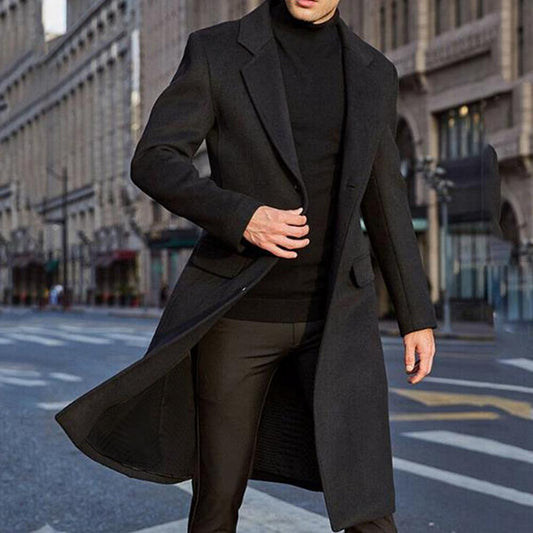 jiaabc Winter Men's Coat Solid Color Long Sleeve Button Jacket Men's Coat Street Style Mid-Length Trench Coat