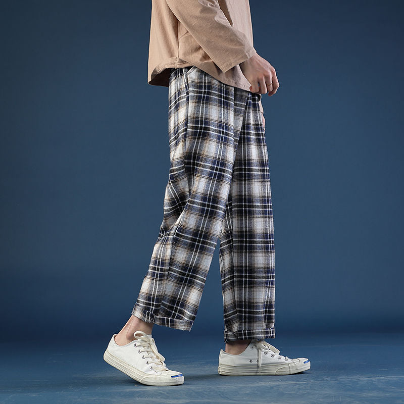 jiaabc Spring Summer Thin Plaid Pants Men Fashion Retro Casual Pants Mens Streetwear Wild Loose Drawstring Straight Trousers Men M-3XL