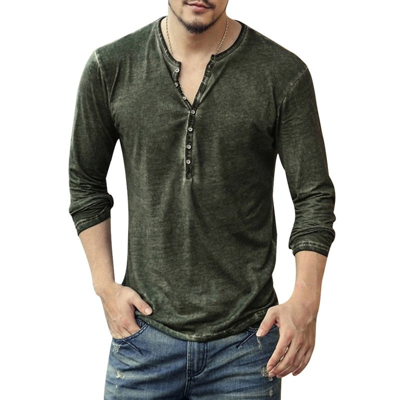 Men Tee Shirt V-neck Long Sleeve Tee&Tops Stylish Slim Buttons T-shirt Autumn Casual Solid Male Clothing Plus Size 3XL