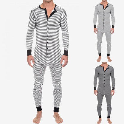 jiaabc Men Underwear Pajama Skinny Striped Jumpsuit Long Sleeve O Neck Buttons Romper Sleepwear Overall Wholesale Onesies- Pajama Set