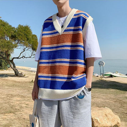 jiaabc Stripe Sweater Vest Men Fashion Retro Casual V-neck Sweater Vest Men Streetwear Korean Loose Vest Sweater Pullover Mens Clothes