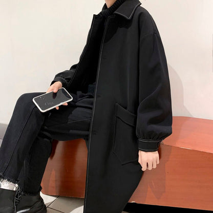 jiaabc Autumn Black Trench Coat Men's Fashion Casual Long Coat Men Streetwear Korean Loose Oversize Windbreaker Jacket Mens Overcoat