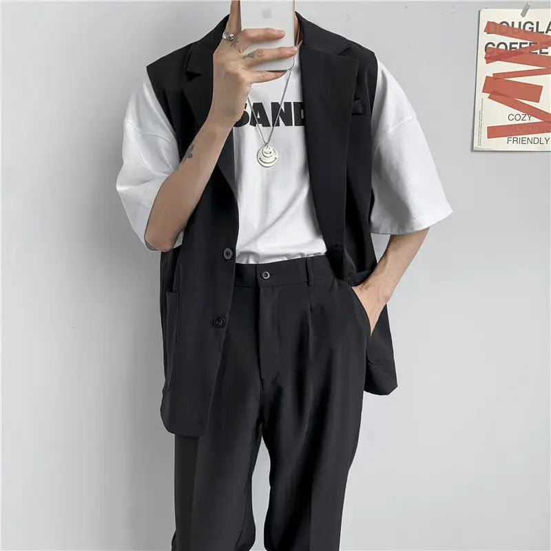 jiaabc Spring Suit Vest Men's Fashion Gray Black Dress Jacket Men Suit Jacket Korean Loose Business Society Mens Blazer Vest M-2XL