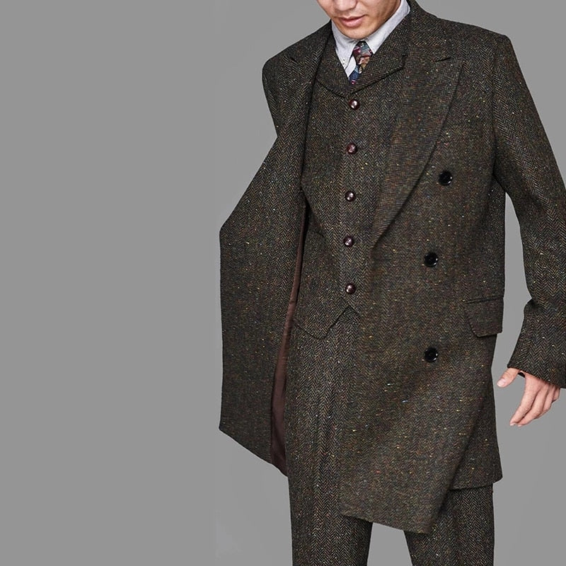 Fashion Mens Suits Tweed three-Piece Suit Tweed Vintage Business Jacket Vest and Pants Custom Wedding Tuxedos New in winter