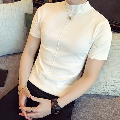 jiaabc 7 Colors Half High Collar Men T-shirt New Spring Short Sleeve  Solid Color Sweater Pullover T Shirt Slim Knitted Tees Top