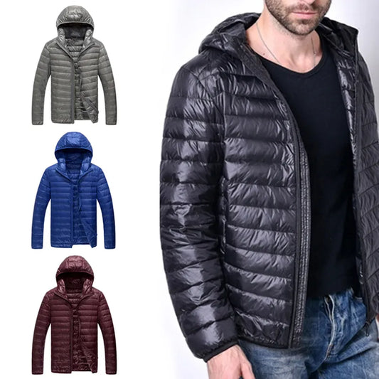 jiaabc Lightweight Puffer Down Jacket Men Feather Hooded Coat Ultralight Coat Padded Down Jackets Spring Winter Plus Size 5XL 6XL