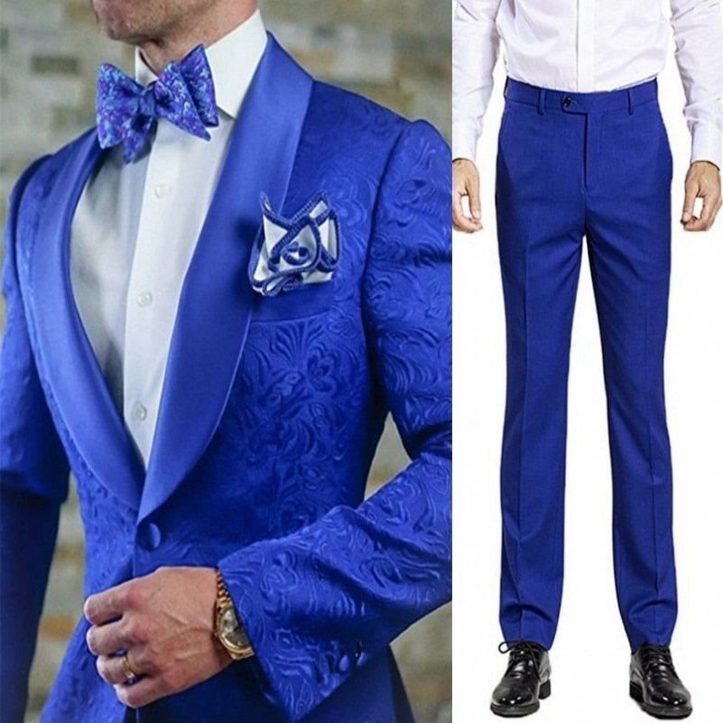 Groomsmen White Pattern Groom Tuxedos Shawl Satin Lapel Men Suits 2 Pieces Wedding Bridegroom ( Jacket + Pants + Tie  ) D201