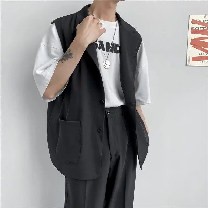 jiaabc Spring Suit Vest Men's Fashion Gray Black Dress Jacket Men Suit Jacket Korean Loose Business Society Mens Blazer Vest M-2XL