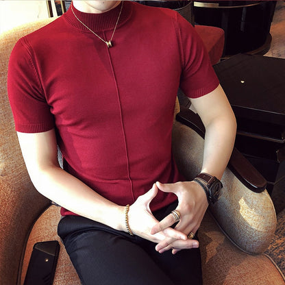 jiaabc 7 Colors Half High Collar Men T-shirt New Spring Short Sleeve  Solid Color Sweater Pullover T Shirt Slim Knitted Tees Top