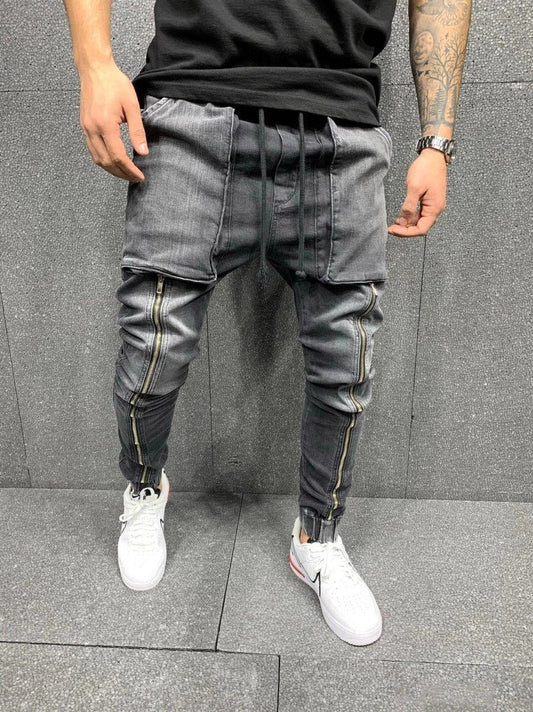 jiaabc Men Hip-Hop Pants Big Pocket Skinny Jeans Zipper Slim High Quality Jeans Casual Sport Corset Jeans M-3XL