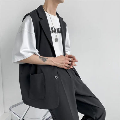 jiaabc Spring Suit Vest Men's Fashion Gray Black Dress Jacket Men Suit Jacket Korean Loose Business Society Mens Blazer Vest M-2XL