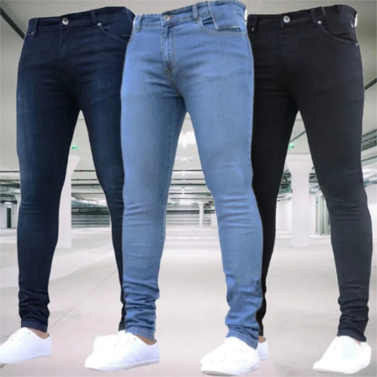 jiaabc Man Pants Retro Washing Zipper Stretch Jeans Casual Slim Fit Trousers Male Plus Size Pencil Pants Denim Skinny Jeans for Men