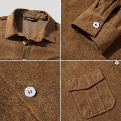 jiaabc Casual Men's Mid-length Suede Loose Shirts Tops Autumn Hot Sale Winter Vintage Lapel Collar Button Up Blouse S-5XL