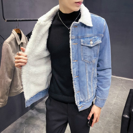 jiaabc New Winter's Men's Fashion Fleece Thick Pure Color Casual Denim Jacket Male Cotton Slim Vintage Jackets Men Coats