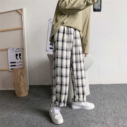 Men Pants Plaid Loose Comfortable Retro Casual  All-match Elastic Waist Chic Wide Leg Trousers Fashion Streetwear Korean Style