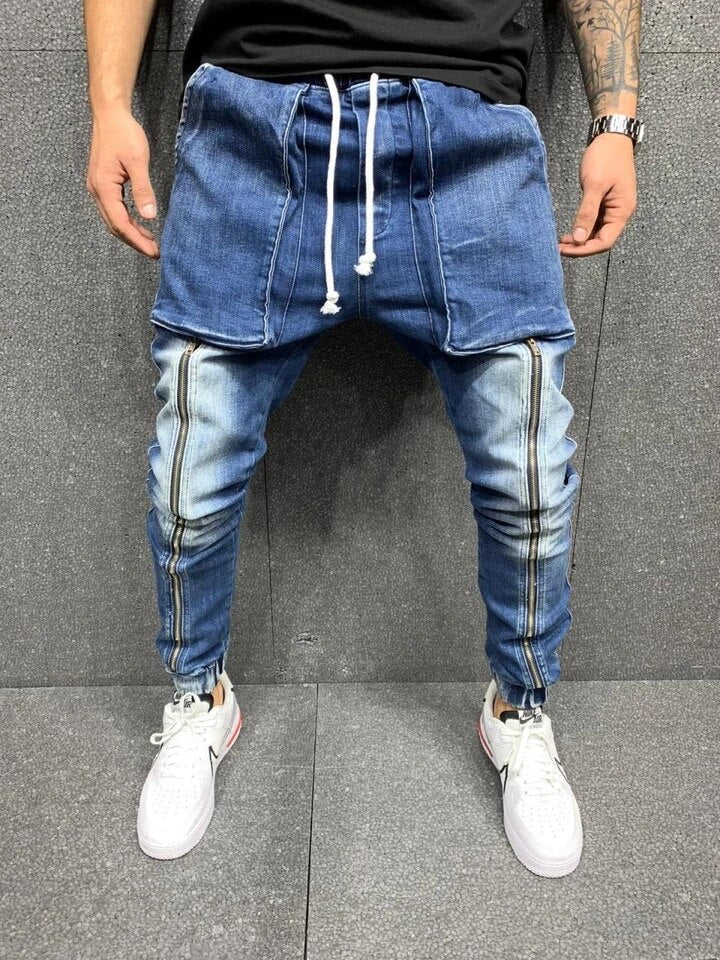 jiaabc Men Hip-Hop Pants Big Pocket Skinny Jeans Zipper Slim High Quality Jeans Casual Sport Corset Jeans M-3XL