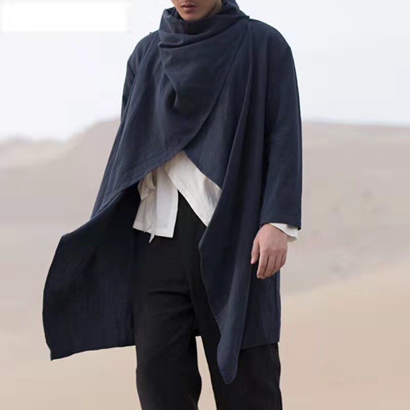 jiaabc Vintage Ponchos Men Irregular Cardigan Coats Long Sleeve Scarf Collar Trench Cotton Outwear Solid Cloak Jackets Men Streetwear