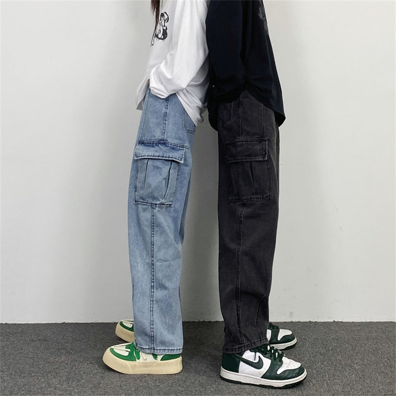 jiaabc Men Jean Pants Japanese Retro Washed Straight Wide-Leg Jeans Loose Big Pocket Couple Hip Hop Street Denim Pants Male