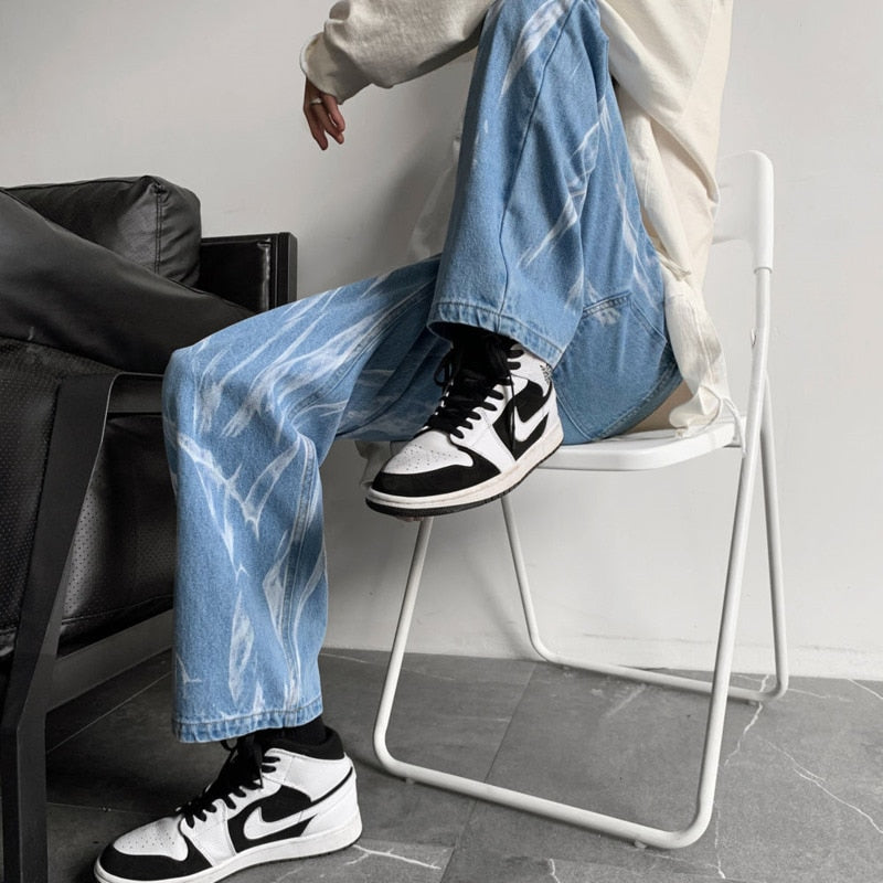 Hip-hop Tie-dye Jeans Men Fashion Retro Casual Baggy Wide-leg Jeans Mens Streetwear Korean Loose Camo Straight Denim Pants Men