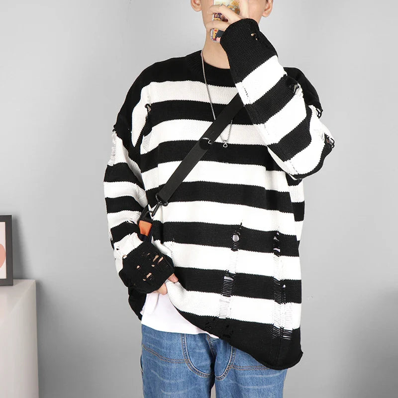 jiaabc Preppy Retro Striped Pattern Knitted Sweater, Men's Casual Warm Slightly Stretch Crew Neck Pullover Sweater For Men Fall Winter