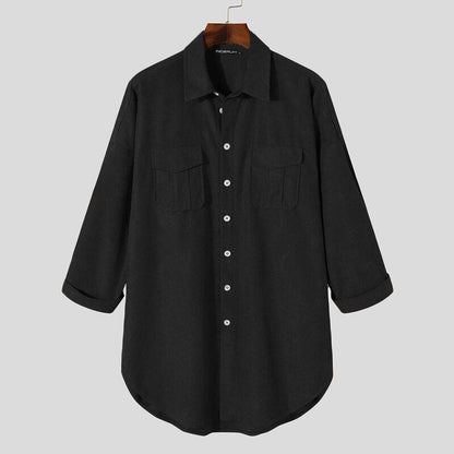 jiaabc Casual Men's Mid-length Suede Loose Shirts Tops Autumn Hot Sale Winter Vintage Lapel Collar Button Up Blouse S-5XL