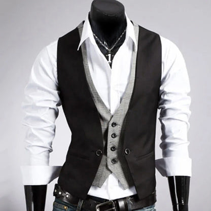 jiaabc Men Formal Waistcoat Vest Business Solid Color Single Button Vest gilet Fake Two-pieces V Neck Casual S-lim chalecos para hombre