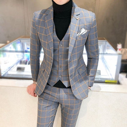 jiaabc Men Dress Blazers Pants Vest 3 Piece Set / Male Wedding New 2023 Autumn Business Formal Plaid Suit Luxury Slim Fit Coat Trousers