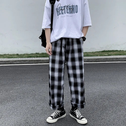 jiaabc Men Casual Pants Plaid Ankle Length Loose Wide Leg All-match Elastic Waist Fashion Trousers Streetwear Harajuku Korean Retro Ins