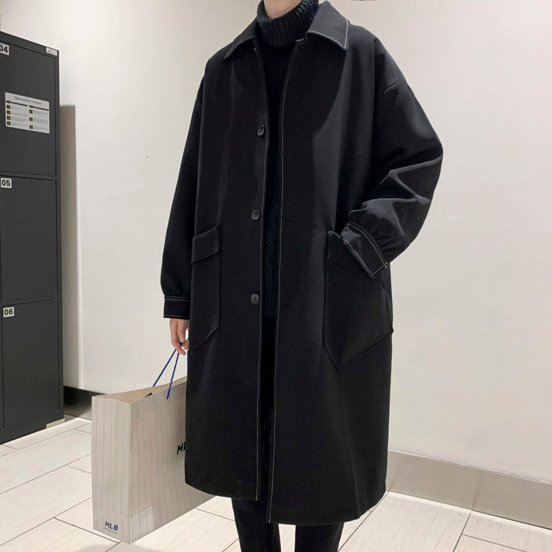 jiaabc Autumn Black Trench Coat Men's Fashion Casual Long Coat Men Streetwear Korean Loose Oversize Windbreaker Jacket Mens Overcoat