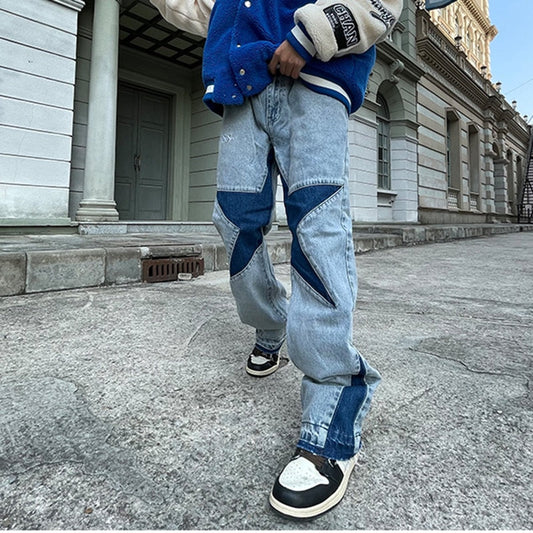 jiaabc Harajuku Stars Letter Embroidery Patchwork Straight Flare Jeans Pants Mens Retro Ripped Oversized Casual Denim Trousers