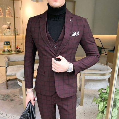 jiaabc Men Dress Blazers Pants Vest 3 Piece Set / Male Wedding New 2023 Autumn Business Formal Plaid Suit Luxury Slim Fit Coat Trousers