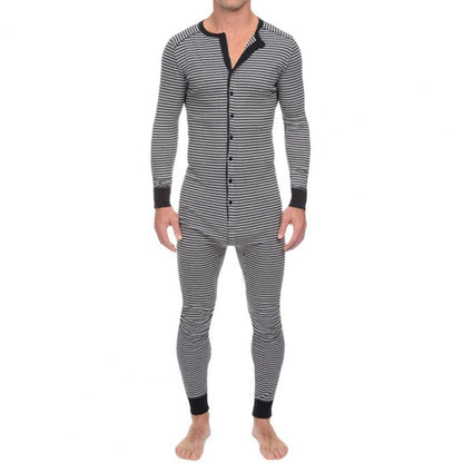 jiaabc Men Underwear Pajama Skinny Striped Jumpsuit Long Sleeve O Neck Buttons Romper Sleepwear Overall Wholesale Onesies- Pajama Set