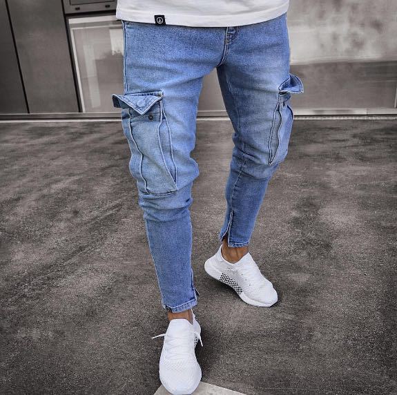 jiaabc Autumn Men Jeans Casual Pants New Fashion Frayed Slim Fit Long Denim Pants Hole Jeans