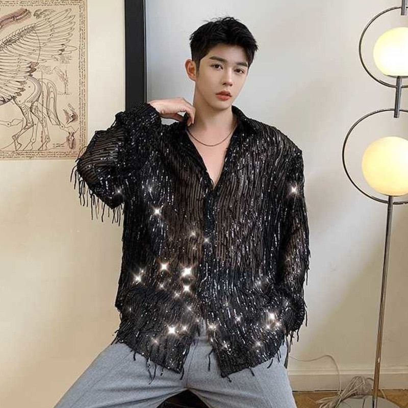 2023   Autumn New Product Irregular Sequin Tassel Shirt Niche Streetwear Fashion Long Sleeve Shirts Men's Tops 9Y7232