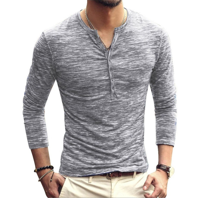 Men Tee Shirt V-neck Long Sleeve Tee&Tops Stylish Slim Buttons T-shirt Autumn Casual Solid Male Clothing Plus Size 3XL