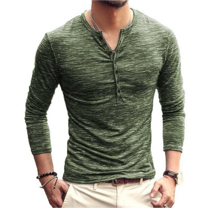 Men Tee Shirt V-neck Long Sleeve Tee&Tops Stylish Slim Buttons T-shirt Autumn Casual Solid Male Clothing Plus Size 3XL