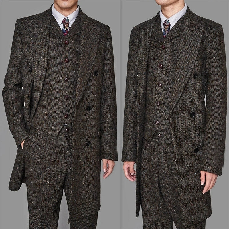 jiaabc Fashion Mens Suits Tweed three-Piece Suit Tweed Vintage Business Jacket Vest and Pants Custom Wedding Tuxedos New in winter