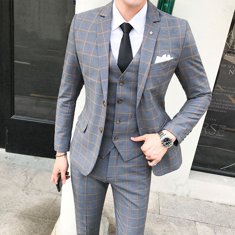 jiaabc Men Dress Blazers Pants Vest 3 Piece Set / Male Wedding New 2023 Autumn Business Formal Plaid Suit Luxury Slim Fit Coat Trousers